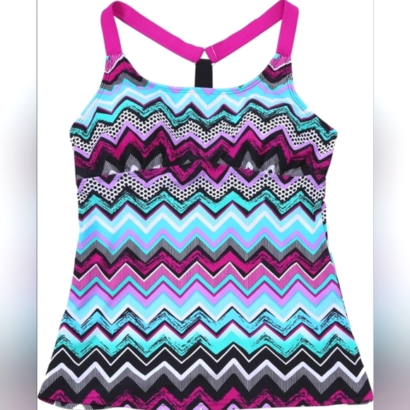 Dokotoo Tankini Swim Top Striped Racerback Geometric Pattern Pink Black Sz Small - Picture 1 of 10